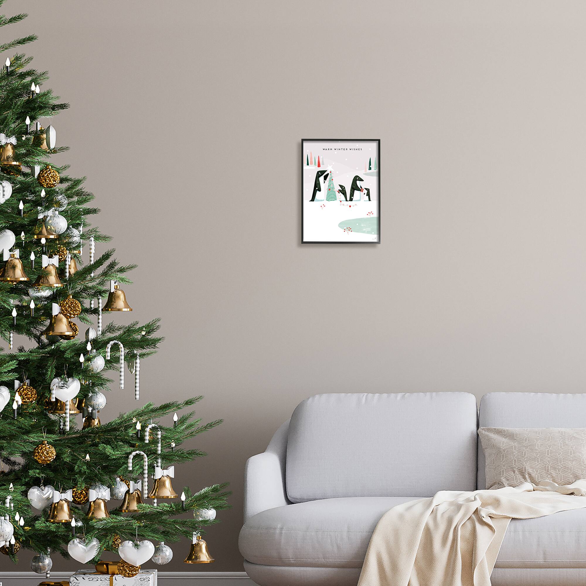 Stupell Industries Warm Winter Wishes Snowy Penguins Framed Giclee Art